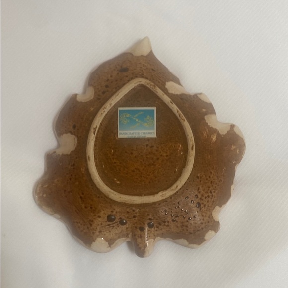 Vietnam Handmade Ceramic Geode Pottery Trinket Dish Crackled Leaf Taupe Aqua Grn - Picture 2 of 5